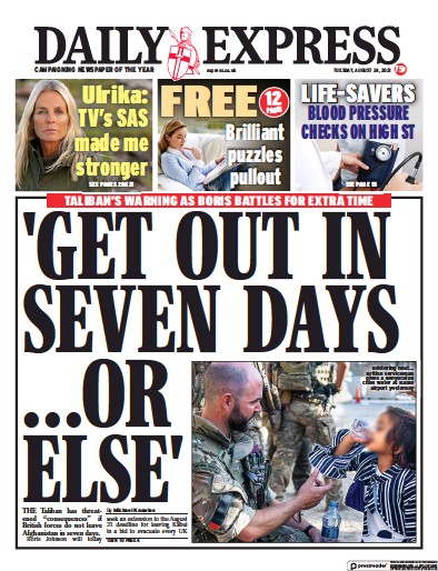 Daily Express Newspaper Front Page (UK) for 24 August 2021