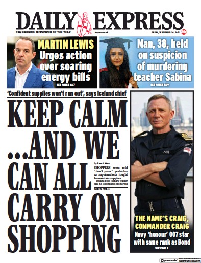Daily Express Newspaper Front Page (UK) for 24 September 2021