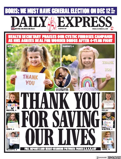 Daily Express Newspaper Front Page (UK) for 25 October 2019