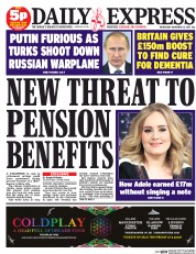 Daily Express (UK) Newspaper Front Page for 25 November 2015