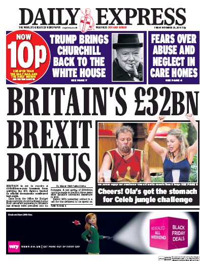 Daily Express Newspaper Front Page (UK) for 25 November 2016