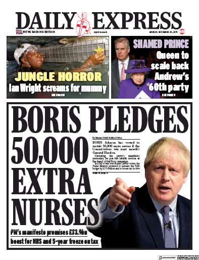 Daily Express Newspaper Front Page (UK) for 25 November 2019