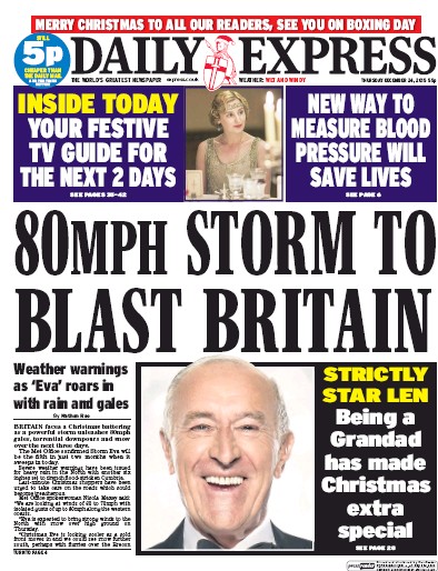 Daily Express Newspaper Front Page (UK) for 25 December 2015