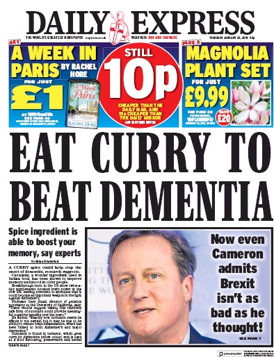 Daily Express Newspaper Front Page (UK) for 25 January 2018