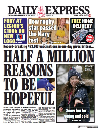 Daily Express Newspaper Front Page (UK) for 25 January 2021