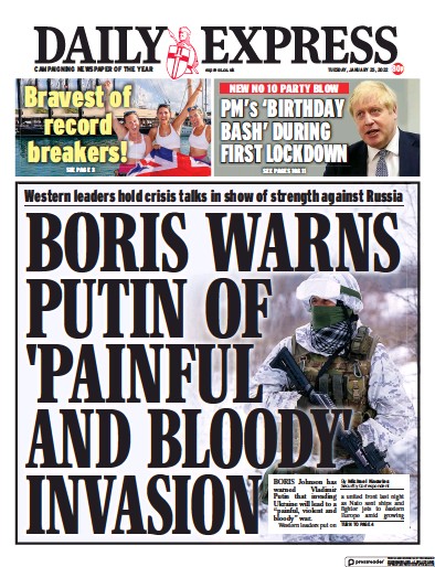 Daily Express Newspaper Front Page (UK) for 25 January 2022