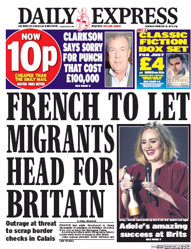 Daily Express Newspaper Front Page (UK) for 25 February 2016
