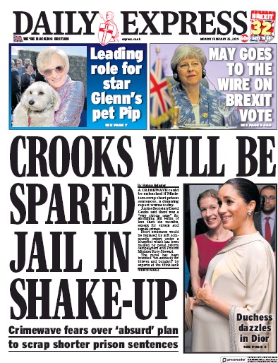 Daily Express Newspaper Front Page (UK) for 25 February 2019