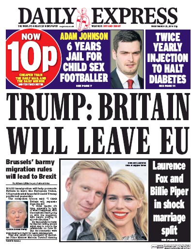 Daily Express Newspaper Front Page (UK) for 25 March 2016
