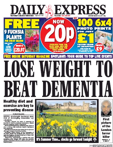 Daily Express Newspaper Front Page (UK) for 25 March 2017