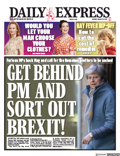 Daily Express Newspaper Front Page (UK) for 25 March 2019