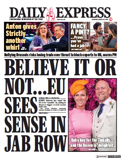 Daily Express Newspaper Front Page (UK) for 25 March 2021