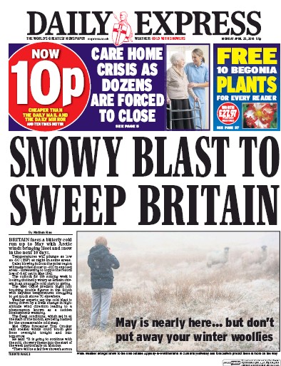 Daily Express Newspaper Front Page (UK) for 25 April 2016