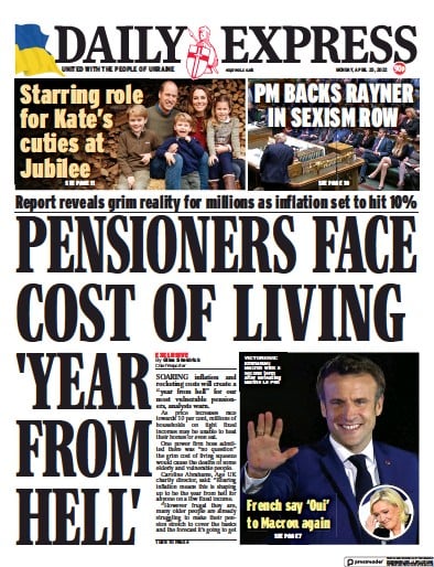 Daily Express Newspaper Front Page (UK) for 25 April 2022