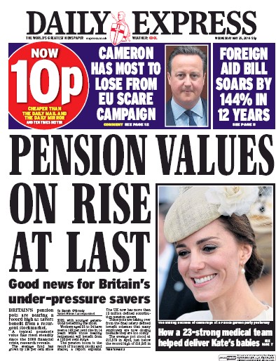 Daily Express Newspaper Front Page (UK) for 25 May 2016