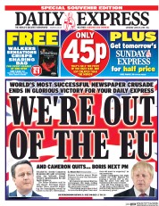 Daily Express (UK) Newspaper Front Page for 25 June 2016