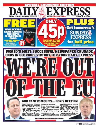 Daily Express Newspaper Front Page (UK) for 25 June 2016