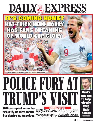 Daily Express Newspaper Front Page (UK) for 25 June 2018