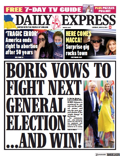 Daily Express Newspaper Front Page (UK) for 25 June 2022