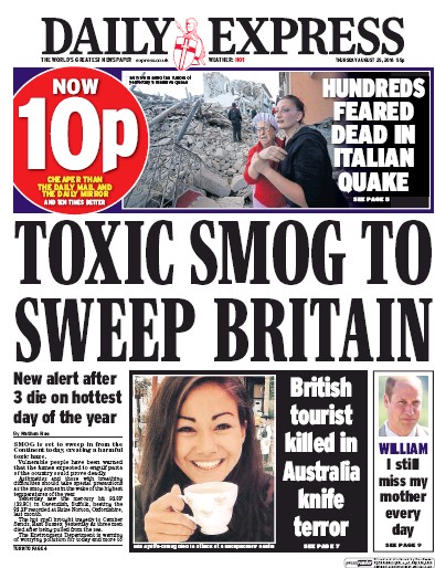 Daily Express Newspaper Front Page (UK) for 25 August 2016