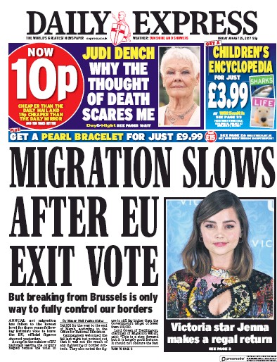Daily Express Newspaper Front Page (UK) for 25 August 2017