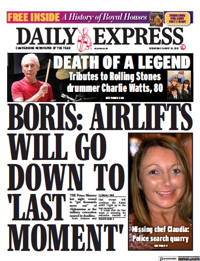 Daily Express Newspaper Front Page (UK) for 25 August 2021