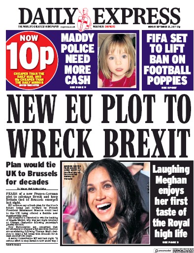 Daily Express Newspaper Front Page (UK) for 25 September 2017
