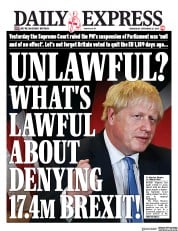 Daily Express (UK) Newspaper Front Page for 25 September 2019