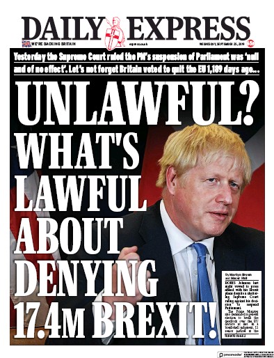 Daily Express Newspaper Front Page (UK) for 25 September 2019