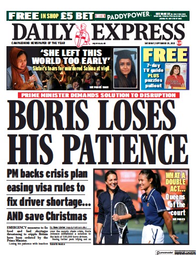 Daily Express Newspaper Front Page (UK) for 25 September 2021