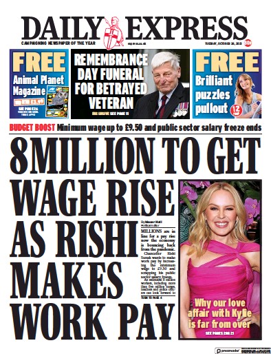 Daily Express Newspaper Front Page (UK) for 26 October 2021