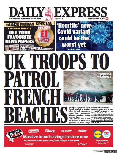 Daily Express Newspaper Front Page (UK) for 26 November 2021