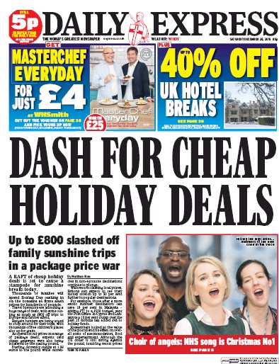 Daily Express Newspaper Front Page (UK) for 26 December 2015