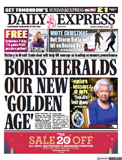 Daily Express Newspaper Front Page (UK) for 26 December 2020