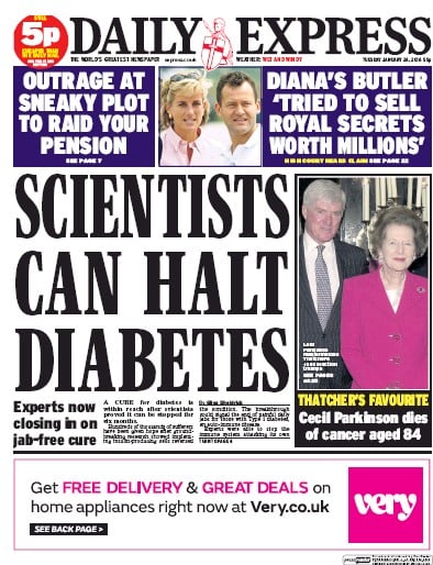 Daily Express Newspaper Front Page (UK) for 26 January 2016