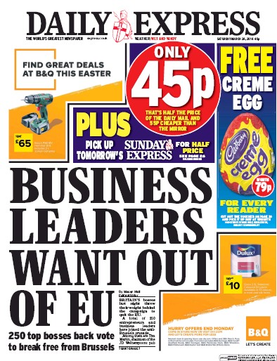 Daily Express Newspaper Front Page (UK) for 26 March 2016