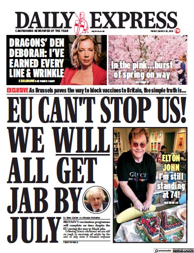 Daily Express Newspaper Front Page (UK) for 26 March 2021