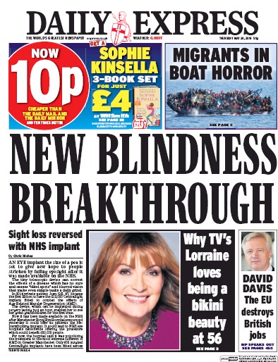 Daily Express Newspaper Front Page (UK) for 26 May 2016
