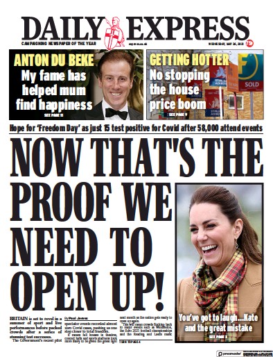 Daily Express Newspaper Front Page (UK) for 26 May 2021