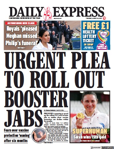 Daily Express Newspaper Front Page (UK) for 26 August 2021