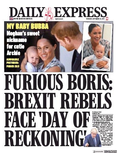 Daily Express Newspaper Front Page (UK) for 26 September 2019