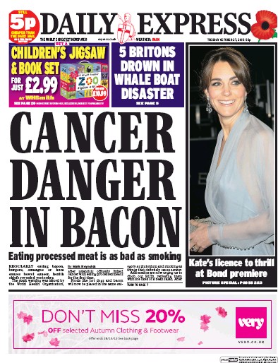 Daily Express Newspaper Front Page (UK) for 27 October 2015
