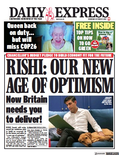 Daily Express Newspaper Front Page (UK) for 27 October 2021