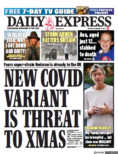 Daily Express Newspaper Front Page (UK) for 27 November 2021