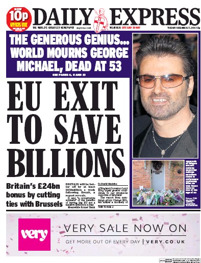 Daily Express Newspaper Front Page (UK) for 27 December 2016