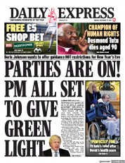 Daily Express (UK) Newspaper Front Page for 27 December 2021