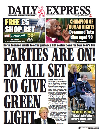 Daily Express Newspaper Front Page (UK) for 27 December 2021