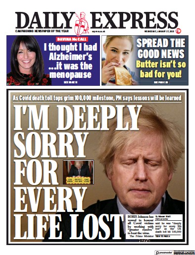 Daily Express Newspaper Front Page (UK) for 27 January 2021