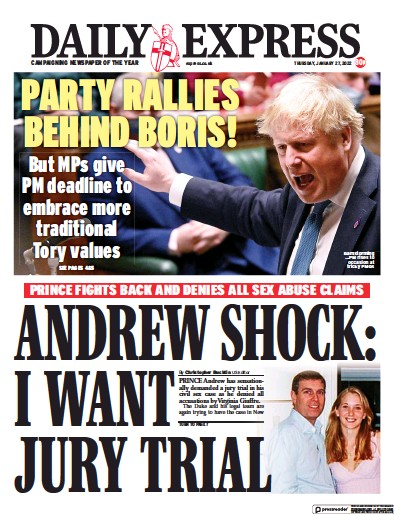 Daily Express Newspaper Front Page (UK) for 27 January 2022