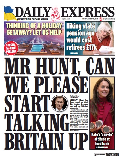 Daily Express Newspaper Front Page (UK) for 27 January 2023